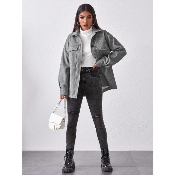 boyfriend shacket oversized Button Front Pocket Patched jacket gray - Picture 3 of 5